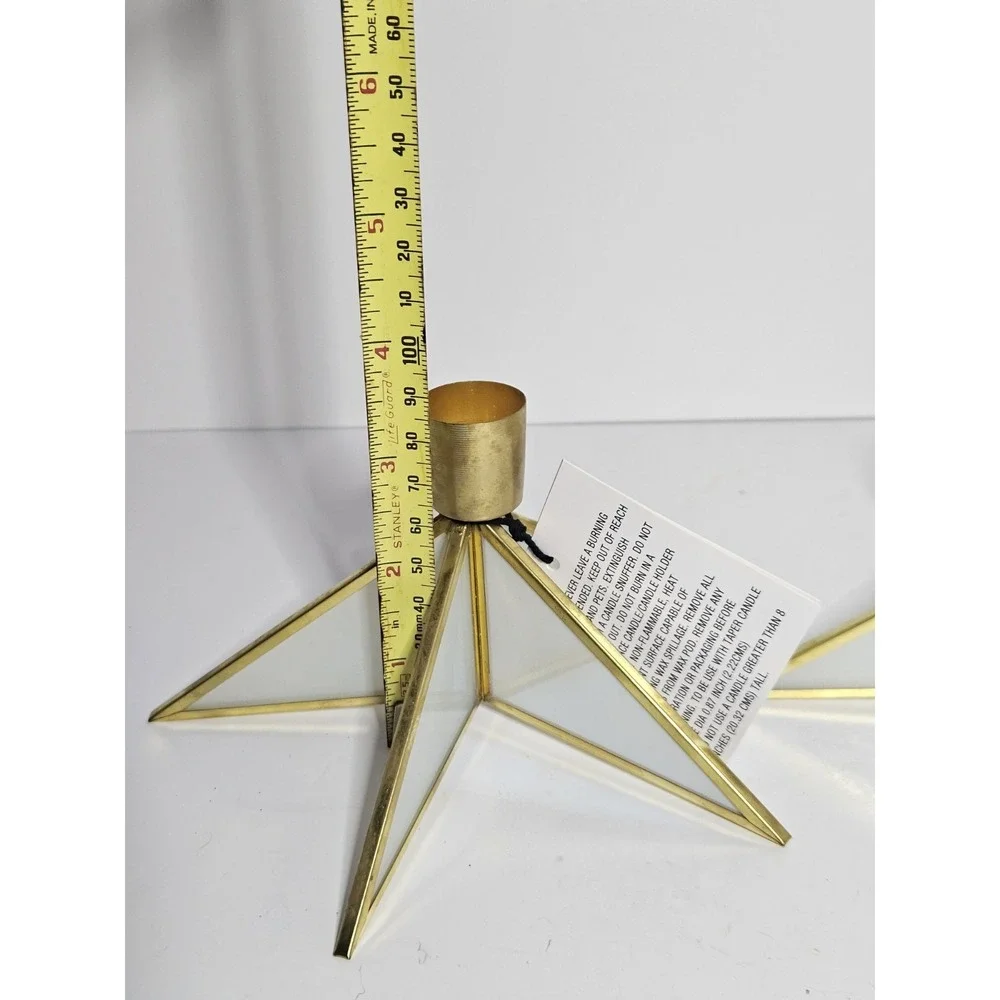 Set of 2 Target Star Taper Candle Holders Gold Brass Leaded Glass Christmas NWT